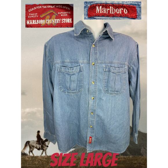 Vintage Marlboro Country Store Denim Shirt Men’s Size Large Light Blue Western - Picture 1 of 10